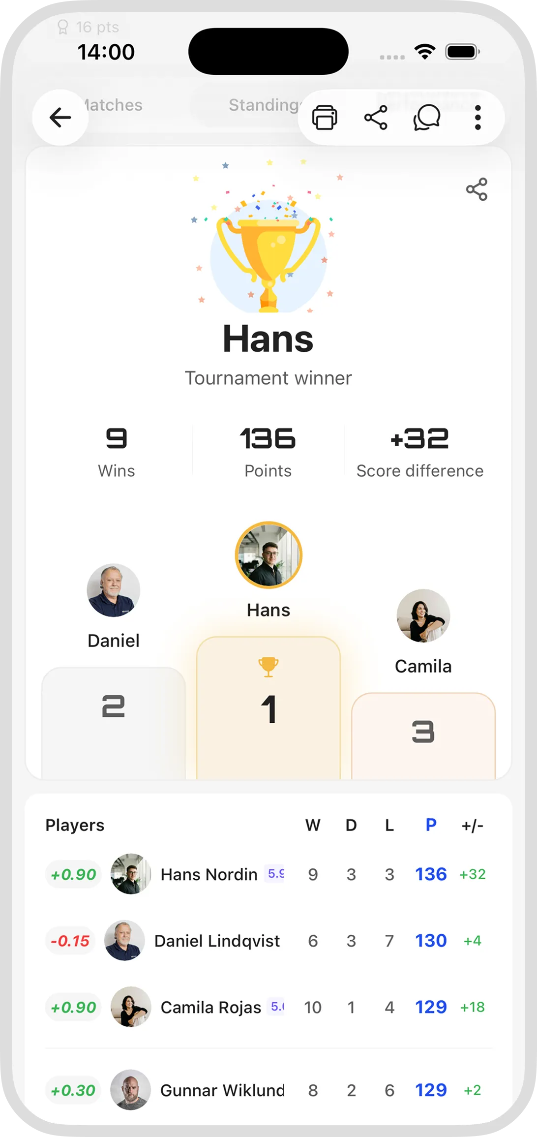 Padel Fast tournament screens showing the host, the podium and the live standings