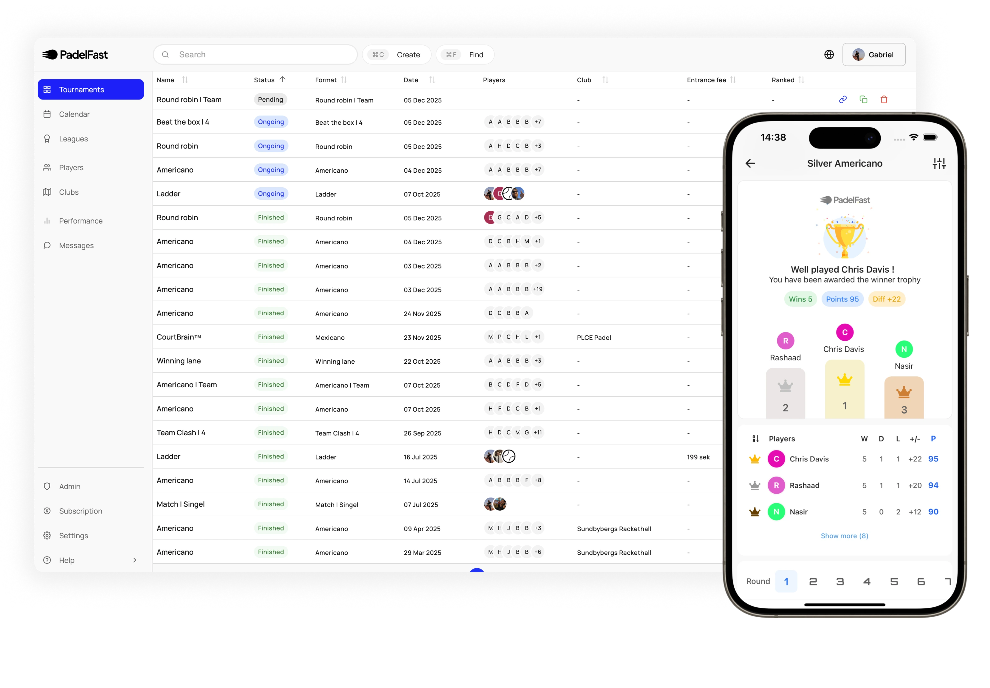 Padel tournament software dashboard showing match schedules and results